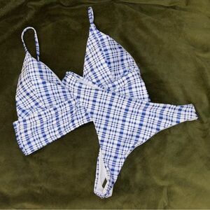 Blue and White Plaid Gingham Coastal Pattern Bikini Tankini
